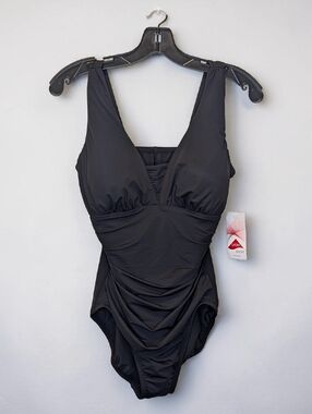 Lands’ End Black One Piece Swimsuit Ruched Tummy Control Plunge Neck NWT 10D